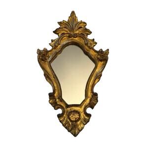 Vintage Italian Florentine Baroque-Style Gold Giltwood 13 1/2” Tall Wall Mirror